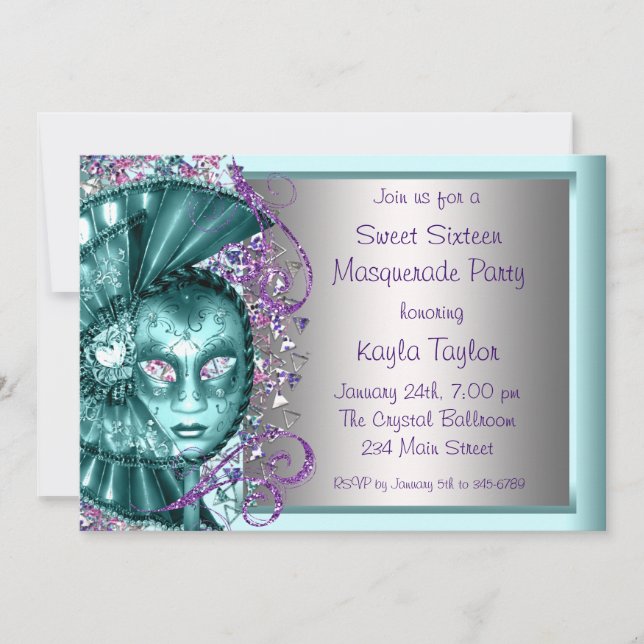 Purple Teal Blue Sweet Sixteen Masquerade Party Invitation (Front)