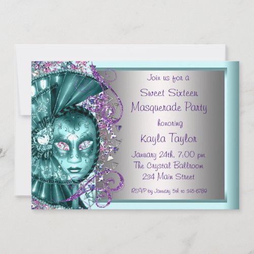 Purple Teal Blue Sweet Sixteen Masquerade Party Invitation