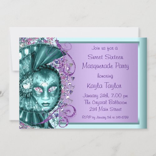 Purple Teal Blue Sweet Sixteen Masquerade Party Invitation