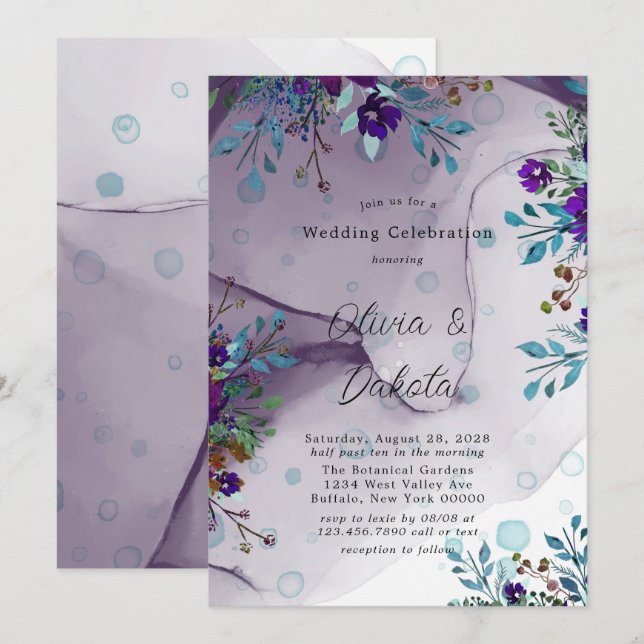 Purple  Teal Botanical Floral Alcohol Ink Wedding Invitation (Front/Back)