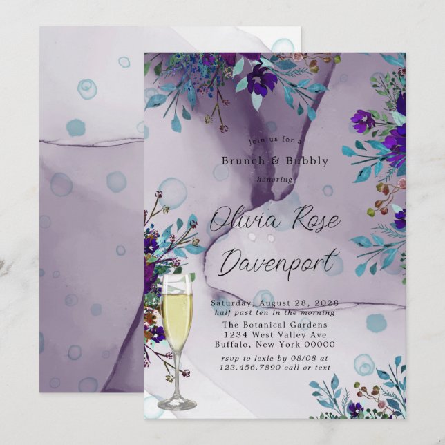 Purple Teal Botanical Floral Brunch & Bubbly Invitation (Front/Back)