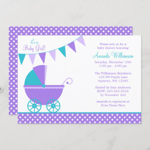 Purple Teal Bunting Carriage Girl Baby Shower Invitation