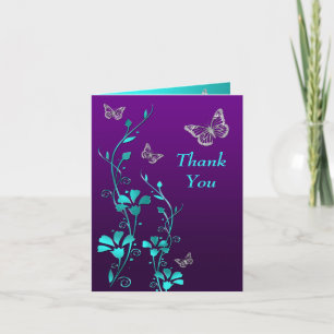 Purple, Teal Butterfly Floral Thank You Note Card