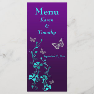 Purple, Teal Butterfly Floral Wedding Menu Card