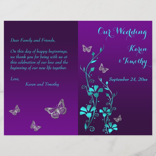 Purple Teal Butterfly Floral Wedding Program Zazzle Com