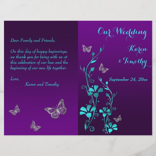 Purple Teal Butterfly Floral Wedding Program