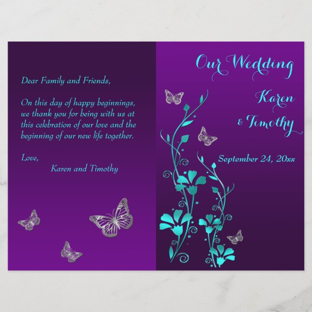 Purple Teal Butterfly Floral Wedding Program (Front)