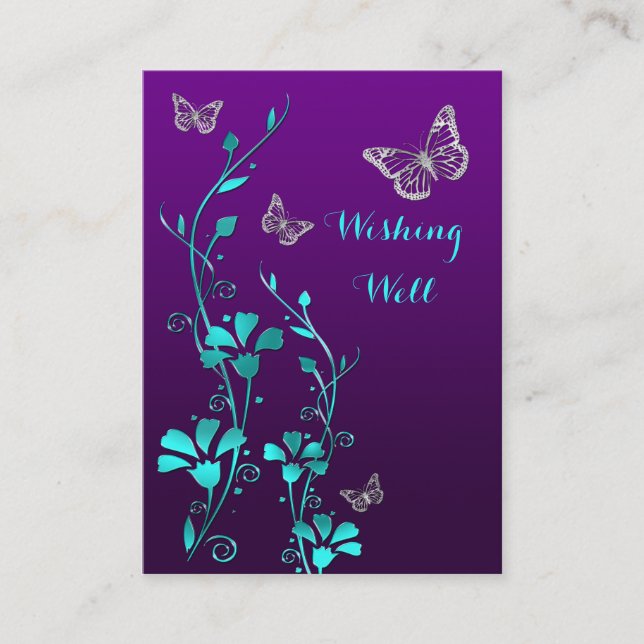Purple, Teal Butterfly Floral Wishing Well Card (Front)
