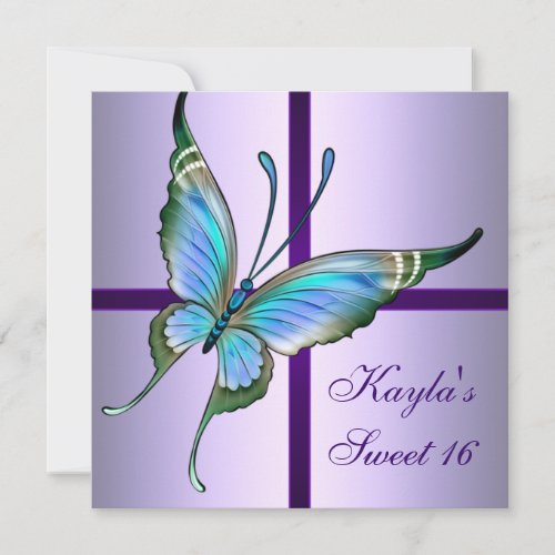 Purple Teal Butterfly Sweet 16 Birthday Party Personalized Announcements