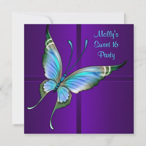 Purple Teal Butterfly Sweet 16 Birthday Party Invitations