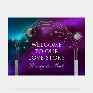 Purple Teal Celestial Love Story Wedding Welcome Acrylic Sign
