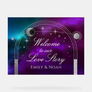 Purple Teal Celestial Love Story Wedding Welcome Acrylic Sign