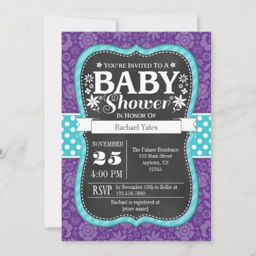 Purple Teal Chalkboard Floral Baby Shower Invite