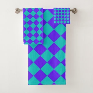 Purple Teal Checker Diamond Pattern  Bath Towel Set