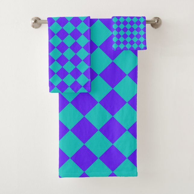 Purple Teal Checker Diamond Pattern  Bath Towel Set (Insitu)