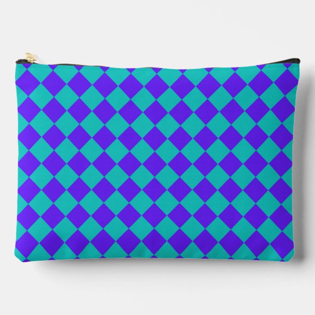 Purple Teal Checker Diamond Pattern Large Accessory Pouch (Front)