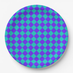 Purple Teal Checker Diamond Pattern Paper Plates