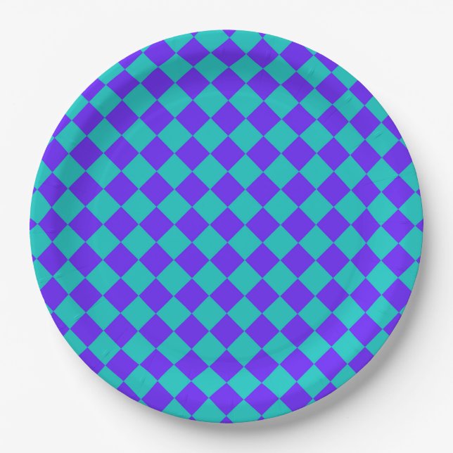 Purple Teal Checker Diamond Pattern Paper Plates (Front)