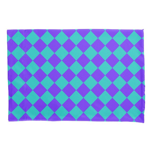Purple Teal Checker Diamond Pattern Pillow Case (Front-Left)
