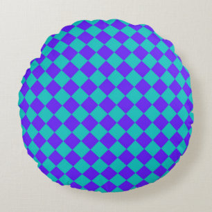 Purple Teal Checker Diamond Pattern Round Pillow