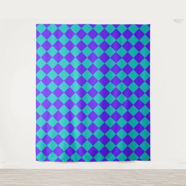 Purple Teal Checker Diamond Pattern  Tapestry (Front)