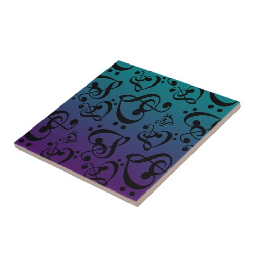 Purple Teal Clef Hearts Music Notes Pattern Ceramic Tile