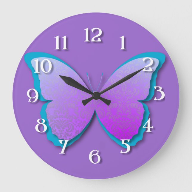 Purple & Teal Damask Butterfly Large Clock (Front)