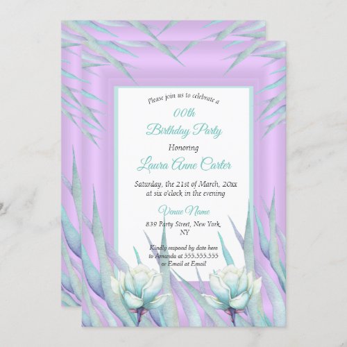 Purple Teal Delicate Floral Photo Birthday Invitation