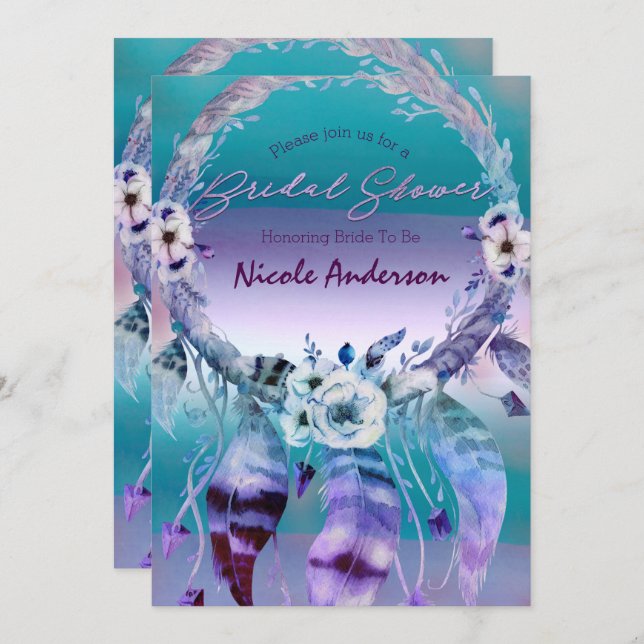 Purple & Teal Dream Catcher Boho Bridal Shower Invitation (Front/Back)