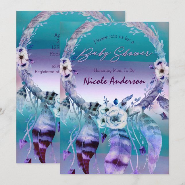 Purple & Teal Dream Catcher Boho Chic Baby Shower Invitation (Front/Back)