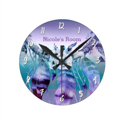 Purple &amp; Teal Dream Catcher Boho Personalized Round Clock
