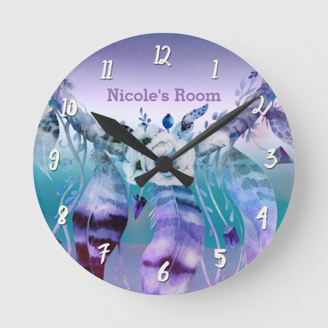 Purple & Teal Dream Catcher Boho Personalized Round Clock (Front)
