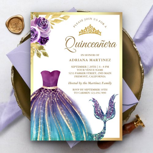 Purple Teal Dress Mermaid Tail Gold Quinceanera Invitation