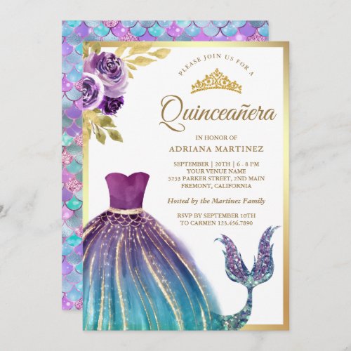 Purple Teal Dress Mermaid Tail Gold Quinceanera Invitation