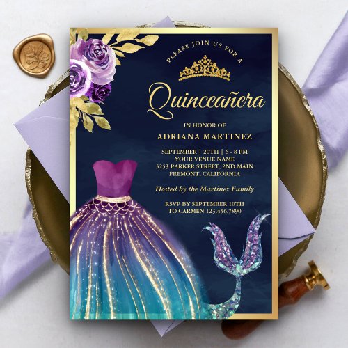 Purple Teal Dress Mermaid Tail Navy Quinceanera Invitation