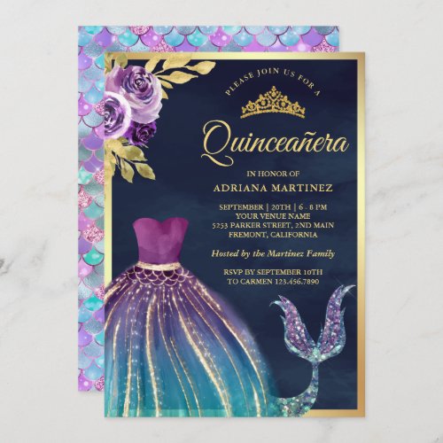 Purple Teal Dress Mermaid Tail Navy Quinceanera Invitation