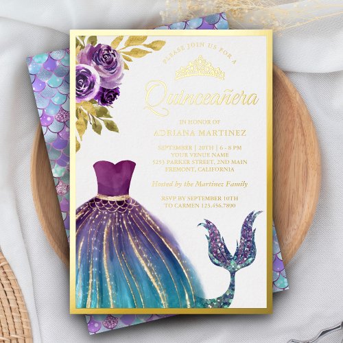 Purple Teal Dress Mermaid Tail Quinceanera Gold Foil Invitation