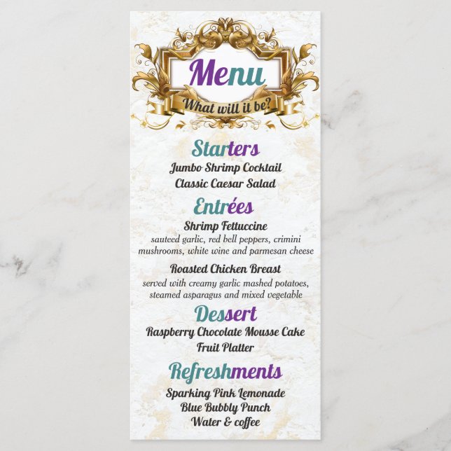 Purple & Teal Elegant Menu Cards (Front)