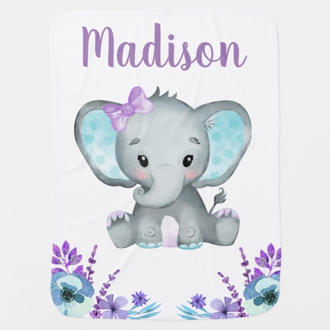 Purple Teal Elephant Baby Blankets Floral (Front)
