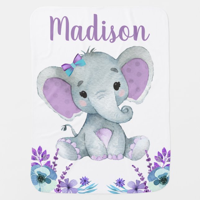 Purple Teal Elephant Baby Blankets Floral (Front)