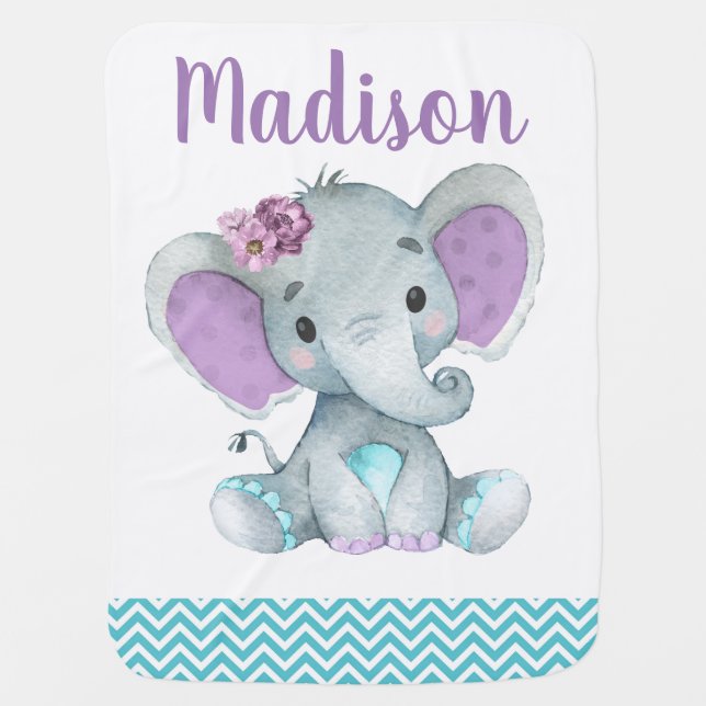 Purple Teal Elephant Baby Blankets Floral Chevron (Front)