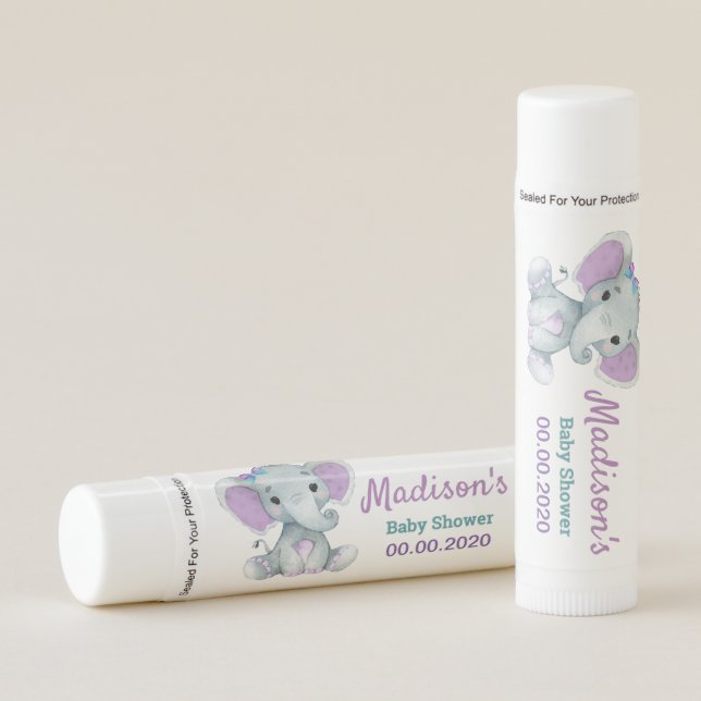 Purple Teal Elephant Baby shower lip balm for girl (Front)