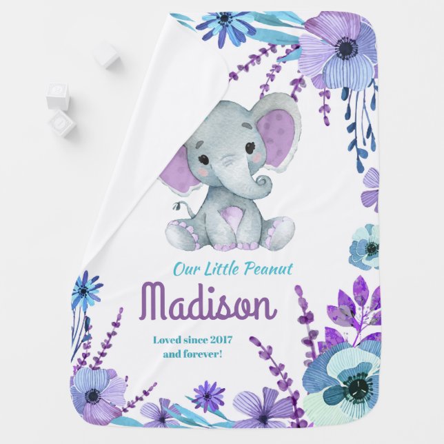Purple Teal Elephant Blanket with Name (In Situ)