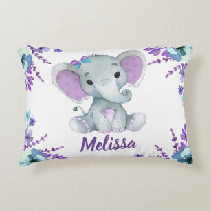 Purple teal elephant girl Custom name Pillow