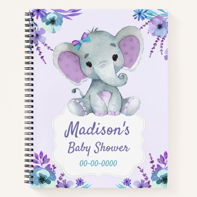 Purple  Teal Elephant Hues Book Baby Shower Rustic (Front)