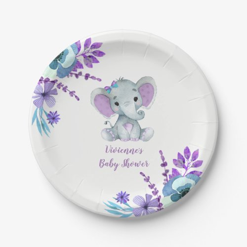 Purple Teal Elephant Plate 4 Baby Shower Birthday