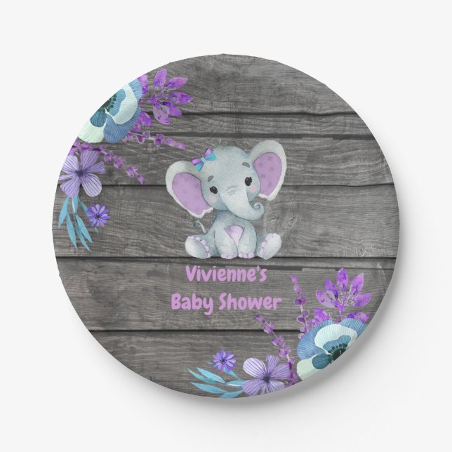 Purple Teal Elephant Plate 4 Baby Shower, Birthday (Front)