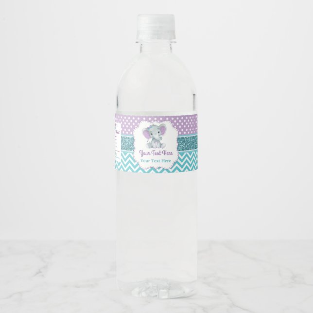 Purple Teal Elephant Water Bottle Label (Front)