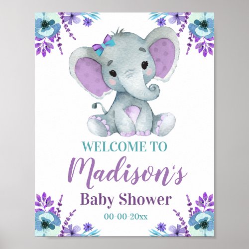 Purple Teal Elephant Welcome Sign Girl Shower Poster
