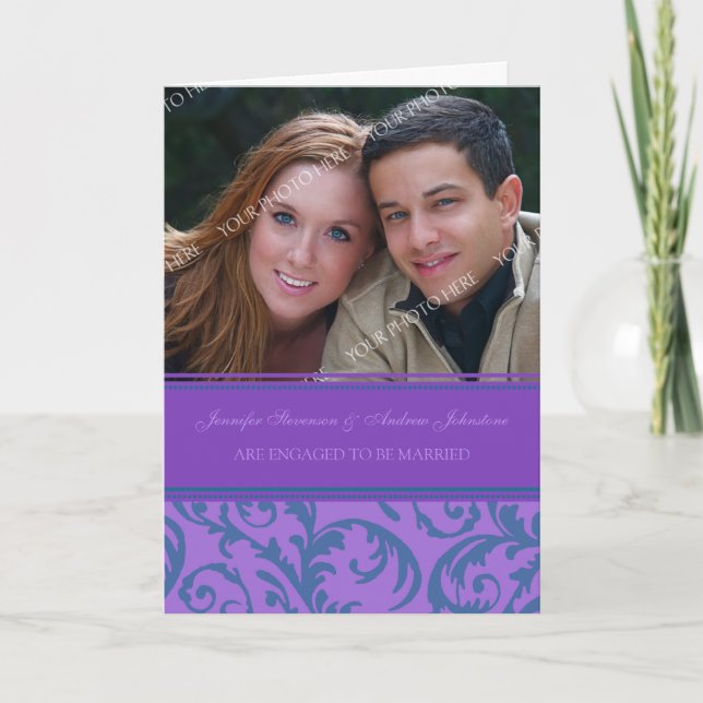 Purple Teal Engagement Photo Announcement Card (Front)